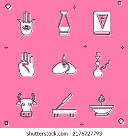 Set Hamsa hand, Indian vase, constitution day, symbol, headgear turban, Hookah, Cow and Scented spa stick icon. Vector