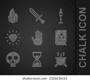 Coloca la mano de Hamsa, Vieja cristalera con arena, Caldera de Brujas, libro de magia antigua, Calavera, Diamante, vela quemada e icono de piedra mágica. Vector