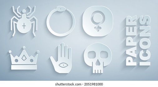 Set Hamsa hand, Venus, King crown, Skull, Ouroboros and Spider icon. Vector