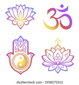 Set of Hamsa with Yin-yang hand drawn symbol, lotus flower, Mantra OM. Decorative pattern in oriental style for interior decoration and henna drawings. Rainbow design on white background.