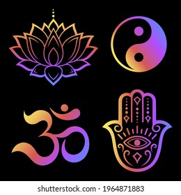 Set of Hamsa with Yin-yang hand drawn symbol, lotus flower, Mantra OM. Decorative pattern in oriental style for interior decoration and henna drawings. Rainbow design on black background.