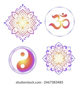 Set of Hamsa with Yin-yang hand drawn symbol, lotus flower, Mantra OM. Decorative pattern in oriental style for interior decoration and henna drawings. Rainbow design on white background.