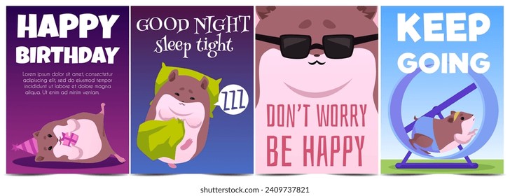 Set of hamster cards. Animal with greeting text and funny quote. Vector illustration designs for poster.