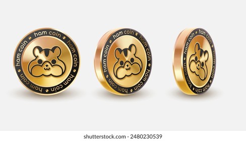 Set hamster coin - ham cryptocurrency logo on white. Concept gold, golden coin with black. Vector illustration for card, business, design, flyer, poster, game klicker, banner, web, advertising