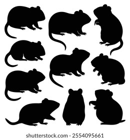 Set of hamster silhouettes in various poses. isolated vector on white background.