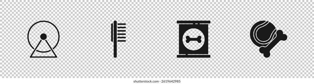 Set Hamster wheel, Pets vial medical, Canned food and toys bone rubber and ball icon. Vector