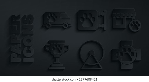 Set Hamster wheel, Veterinary hospital, Pet award, clinic,  and ambulance icon. Vector