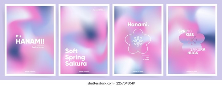 Set of Hanami Spring posters or postcards. Pink cute gradient Japanese Spring art design. Invitation, book or magazine cover, greeting card templates with futuristic gradients. Sakura wave layout set.