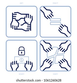 Set of hand activities represent social values: unity, equality, security and charity. Editable strokes, outline icon set. Vector illustration.