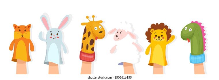 Set of hand animal puppets on white background