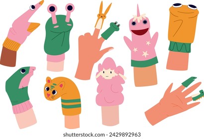 Set of hand animal puppets on white background. Hand made funny childish puppets and toys. 