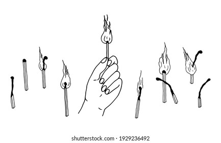 Establecer. Mano con un fósforo en llamas en el centro. En ambos lados hay muchos palos con llamas, con y sin humo. Ilustración vectorial dibujada por contorno en estilo doodle.