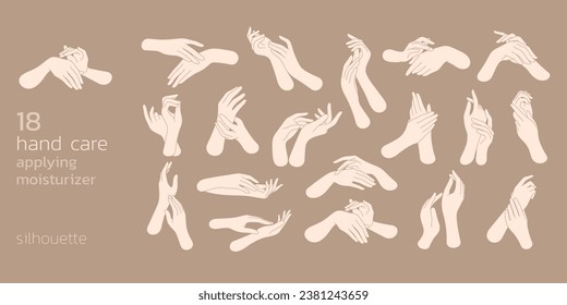 set of hand care applying moisturize filled outline icon vector