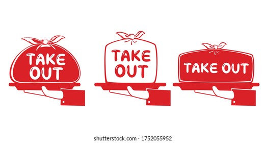 Set Of Hand Carrying Food Box For Takeout, Takeaway. Vector Of Food Delivery Service