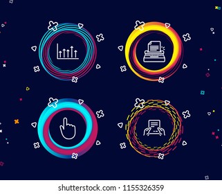 Set of Hand click, Growth chart and Typewriter icons. Receive file sign. Location pointer, Upper arrows, Writer machine. Hold document.  Circle banners with line icons. Gradient colors shapes. Vector