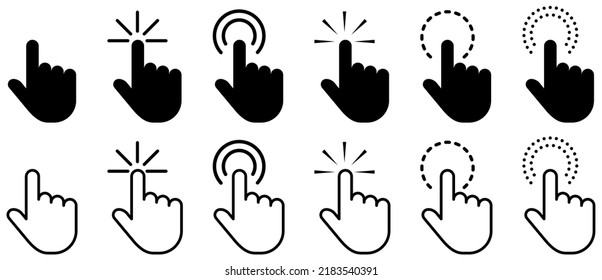 Set of hand click icons. Flat and line art style. Design for web and mobile app. Vector illustration