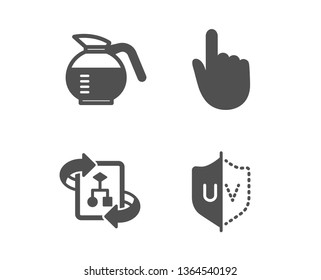 Set of Hand click, Technical algorithm and Coffeepot icons. Uv protection sign. Location pointer, Project doc, Brewed coffee. Ultraviolet.  Classic design hand click icon. Flat design. Vector