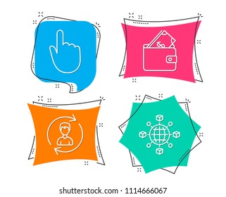 Set of Hand click, Wallet and Human resources icons. Logistics network sign. Location pointer, Usd cash, Update profile. International tracking.  Flat geometric colored tags. Vivid banners. Vector