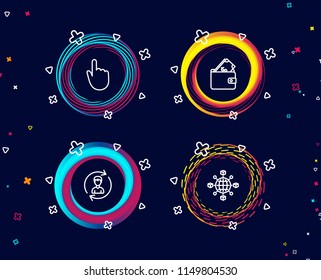Set of Hand click, Wallet and Human resources icons. Logistics network sign. Location pointer, Usd cash, Update profile. International tracking.  Circle banners with line icons. Gradient colors shapes