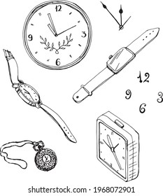 Set with hand clocks and wall clocks, hands, clock on a chain
