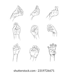 Set hand collection drawn gesture sketch vector illustration line art