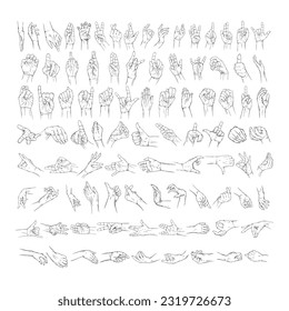 Set hand collection drawn gesture sketch vector illustration line art