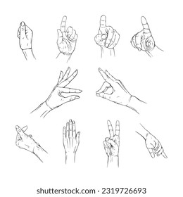 Establecer el dibujo de la línea de la ilustración vectorial de la colección de la mano