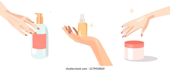 A set of hand cosmetics. Jars of cream, serum, bottles of cosmetics. Different types of cosmetics for ears behind the skin of hands and body. Suitable for the concept of a beauty salon cosmetics store