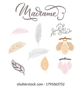 Set of hand craft leaves and feathers. Illustrations for the logos of macrame made