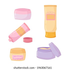  Set Hand cream. Skin cosmetics. Manicure tools drawn in cartoon style. Vector illustration isolated on white background.