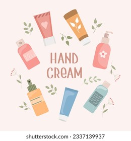 Un conjunto de cremas a mano. Cuidado rutinario de la piel. Cosméticos orgánicos diarios. Ilustración plana. Vector