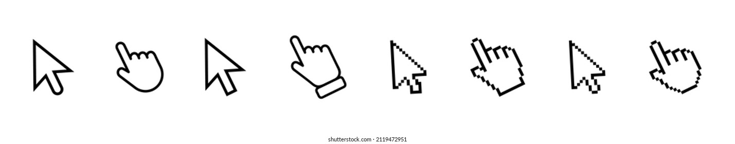 Set of Hand Cursor icons click. Mouse click cursor collection. Computer mouse click cursor. Black cursor set. Hand pointer icons. Vector graphic EPS 10