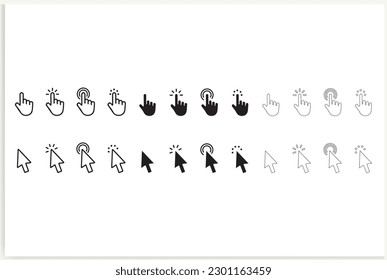 Set of Hand Cursor icons click and Cursor icons click. Isolated on White background, vector.