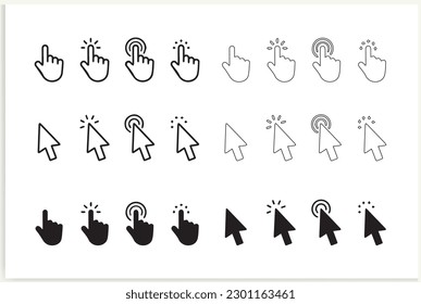 Los iconos del Cursor de mano hacen clic y los iconos del Cursor hacen clic. Aislado sobre fondo blanco, vector.