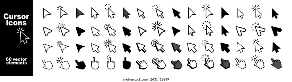 Set of Hand Cursor icons click and Cursor icons click. Pointer cursor сomputer mouse icon. Clicking cursor, pointing hand clicks icons