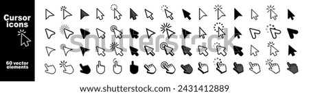 Set of Hand Cursor icons click and Cursor icons click. Pointer cursor сomputer mouse icon. Clicking cursor, pointing hand clicks icons