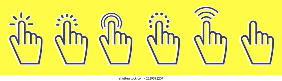 Set of hand cursor icons on yellow background. Vector illustration