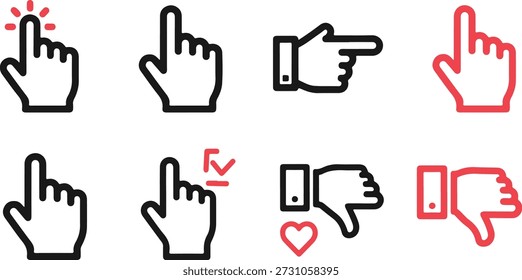 Set of hand cursor icons for web design and user interface interaction