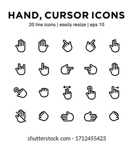 Set Of Hand Cursor Line Icons, Containing Touch, Slide, Drag, Move, Drop And Other Icons With A White Background.