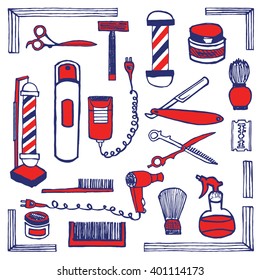 Set of hand dawn barbershop equipment and elements of frames. Hairdressing salon isolated objects for logo, label, emblem, badge, advertising. Hand drawn lettering ink.