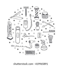 Set of hand dawn barbershop equipment arranged in circle. Hairdressing salon isolated objects for logo, label, emblem, badge, advertising. Hand drawn lettering ink.