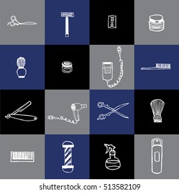 Set of hand dawn barbershop equipment in squares