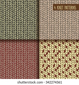 Set of hand dawn knit vector patterns. Craft textile. Handmade background