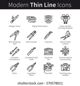 Set of hand and digital electric engineer tools. Wire cutters, strippers, multimeters, insulated pliers & screwdrivers. Thin black line art icons. Linear style illustrations isolated on white.