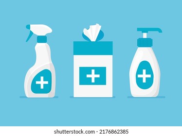 Set Of Hand Disinfectant Bottle, Disinfection Spray And Wet Wipes In Trendy Flat Style. Antiseptic Template. Vector Illustrations Isolated.