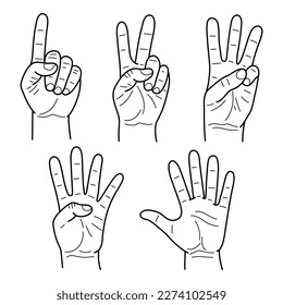 Un conjunto de ilustraciones del doodle a mano que muestran los números 1, 2, 3, 4, 5. Vector.