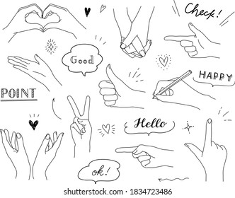 Set of hand doodle illustrations of various poses such as peace, heart, good, point