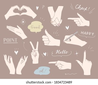 Set of hand doodle illustrations of various poses such as peace, heart, good, point