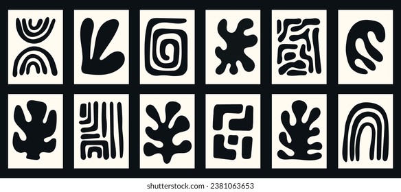 set of hand draw abstract black floral poster, organic forms, backgrounds posters with abstract floral elements, trendy modern minimalist groovy poster