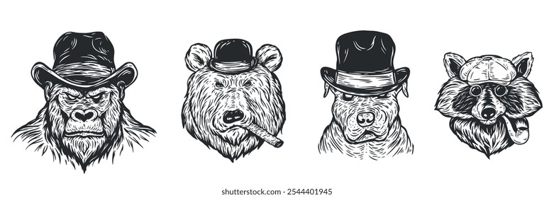 Set mão desenhar animais cabeça em estilo de moda criativa. Caracteres antropomórficos hipster monocromáticos. Gorila, urso, cachorro, guaxinim.